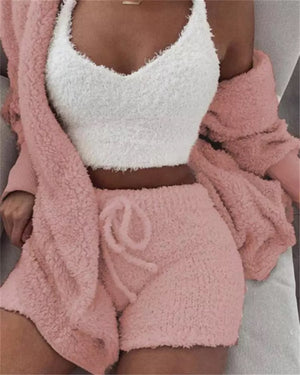 Women Home Wear Suit Casual Pajamas Set Lady Female Soft Warm Long Sleeve Exposed Navel Vest Shorts Set