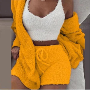 Women Home Wear Suit Casual Pajamas Set Lady Female Soft Warm Long Sleeve Exposed Navel Vest Shorts Set