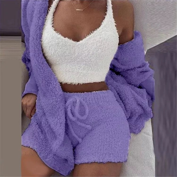 Women Home Wear Suit Casual Pajamas Set Lady Female Soft Warm Long Sleeve Exposed Navel Vest Shorts Set