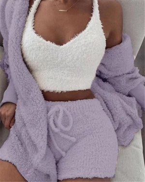 Women Home Wear Suit Casual Pajamas Set Lady Female Soft Warm Long Sleeve Exposed Navel Vest Shorts Set