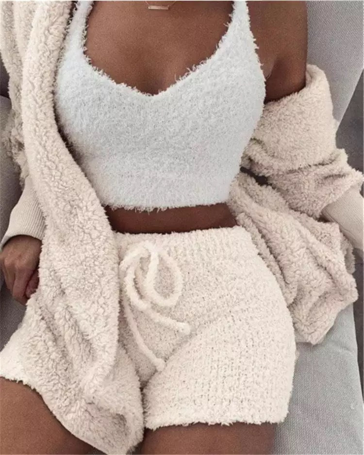 Women Home Wear Suit Casual Pajamas Set Lady Female Soft Warm Long Sleeve Exposed Navel Vest Shorts Set