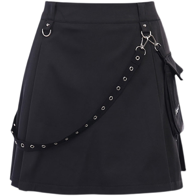 InstaHot Black Pockets High Waist Skirts Strap Zipper Pleated Skirt Women Gothic Punk Streetwear Casual Cargo Skirt Fashion