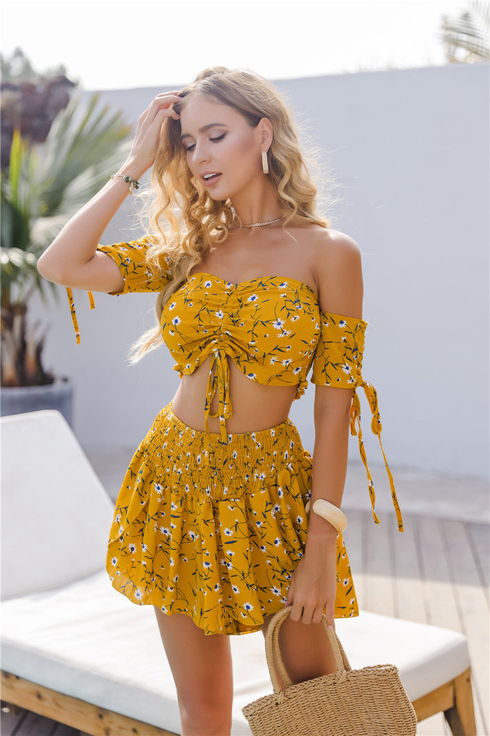 Takeaway Women'S Cross-Border Real Shot Off-Shoulder Top Shorts Suit Sexy Printing Summer New Two-Piece Suit Women