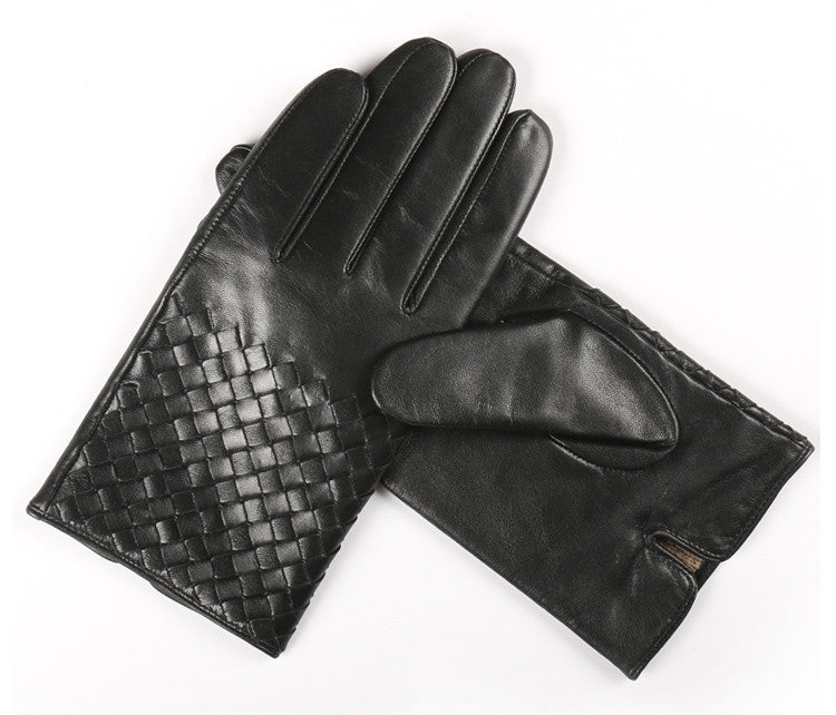 Leather Gloves Winter Men'S Goatskin Hand-Woven Gloves Plus Velvet Thickened Warm And Cold Driving Gift Gloves