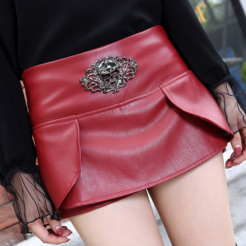 Women'S Korean Fashion Slim Pu Leather Shorts Three Dimensional Decorative Stitching Skirt