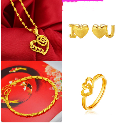 Sand Gold Jewelry Dragon and Phoenix Necklace Female Earrings Earrings Ring Bracelet Bracelet Wedding Four-piece Set Valentine Gift