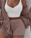 Women Home Wear Suit Casual Pajamas Set Lady Female Soft Warm Long Sleeve Exposed Navel Vest Shorts Set