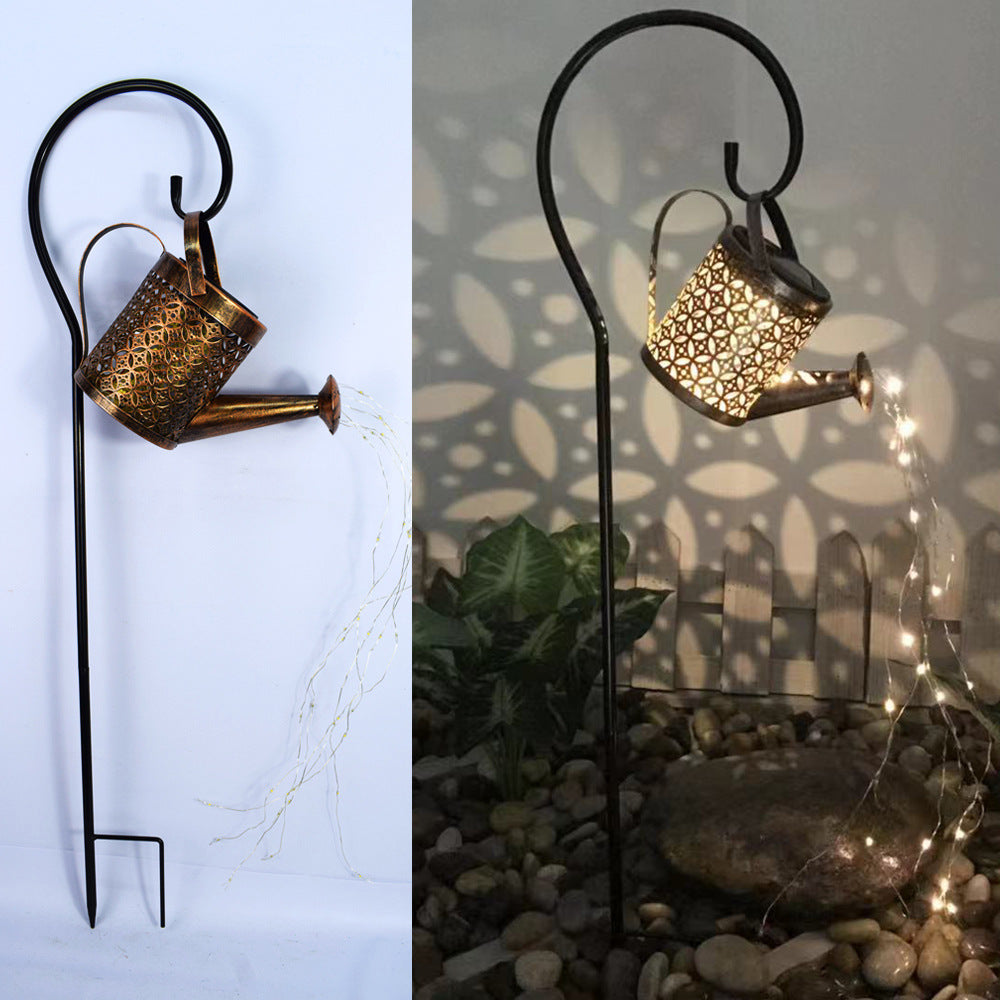 Enchanted Watering Can Outdoor Solar Watering Can Ornament Lamp Garden Art Light Decoration Hollow-out Iron Shower LED Lights