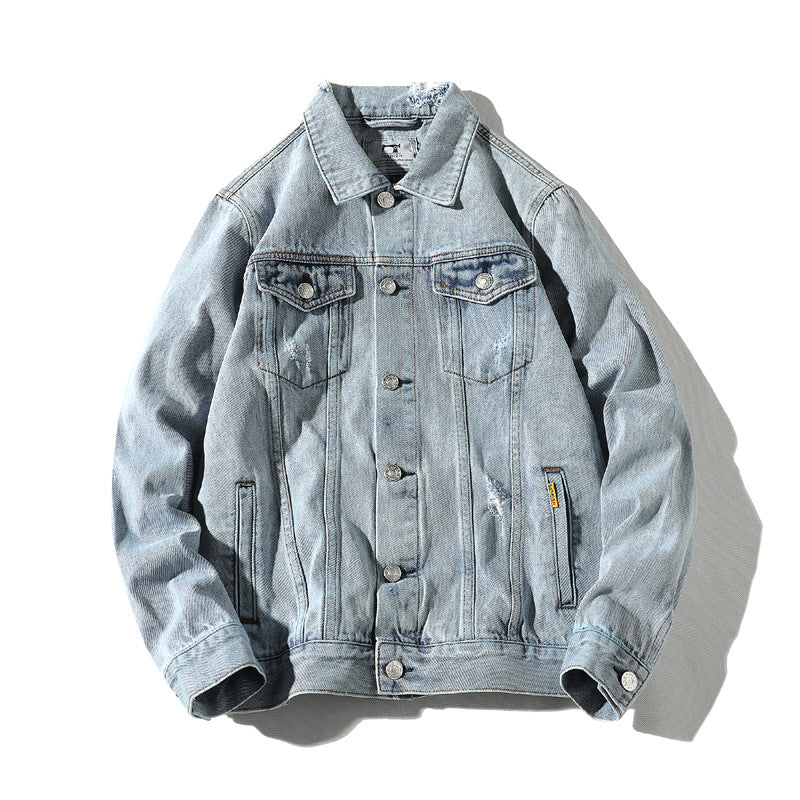 Denim Jacket Men Hole Retro Motorcyle Basic Coat