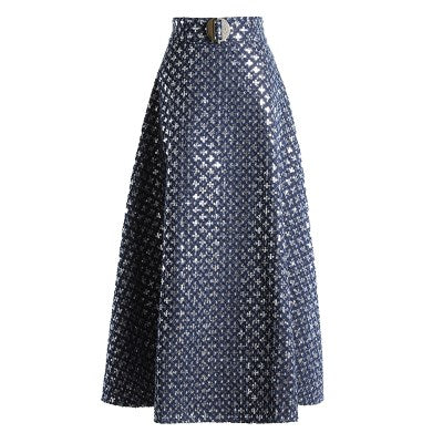 Mid-length Embroidered Sequins Hong Kong-style Retro High-waisted Umbrella Skirt