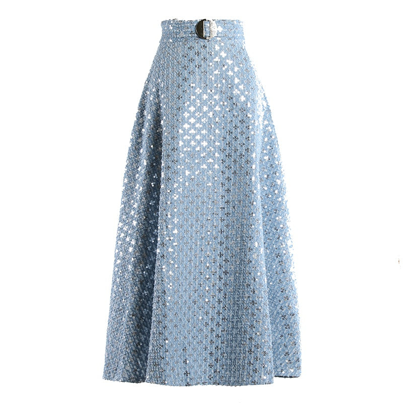 Mid-length Embroidered Sequins Hong Kong-style Retro High-waisted Umbrella Skirt