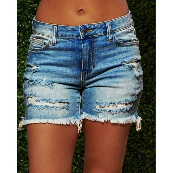 New Style Ripped Fringed High Stretch Denim Shorts Women