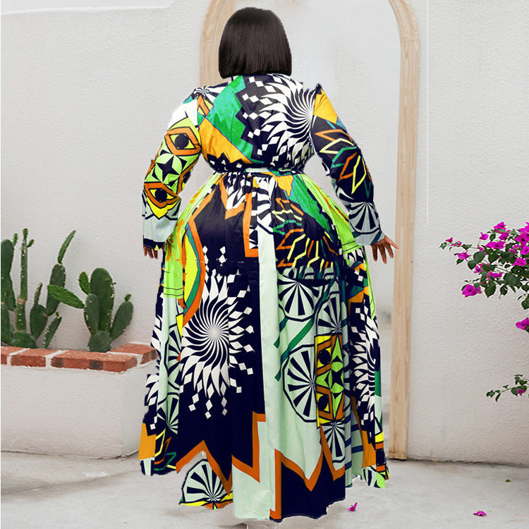 Women Robe Print Maxi Dress African Clothes Long Sleeve Big Swing Party Dress Beach