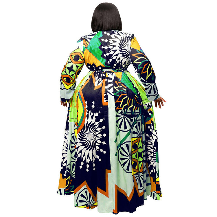 Women Robe Print Maxi Dress African Clothes Long Sleeve Big Swing Party Dress Beach