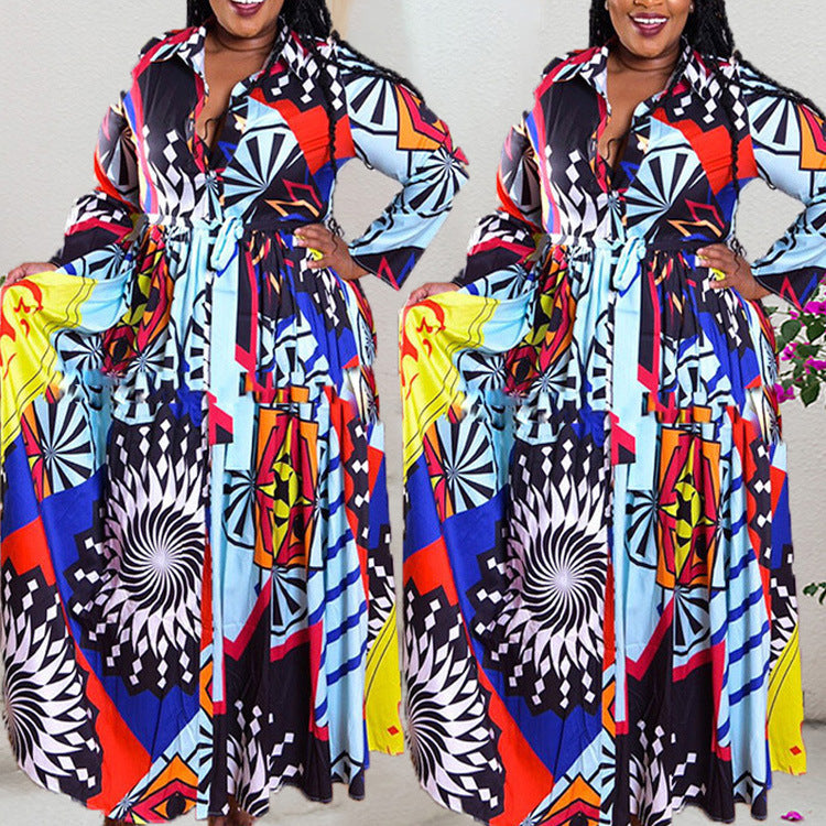 Women Robe Print Maxi Dress African Clothes Long Sleeve Big Swing Party Dress Beach