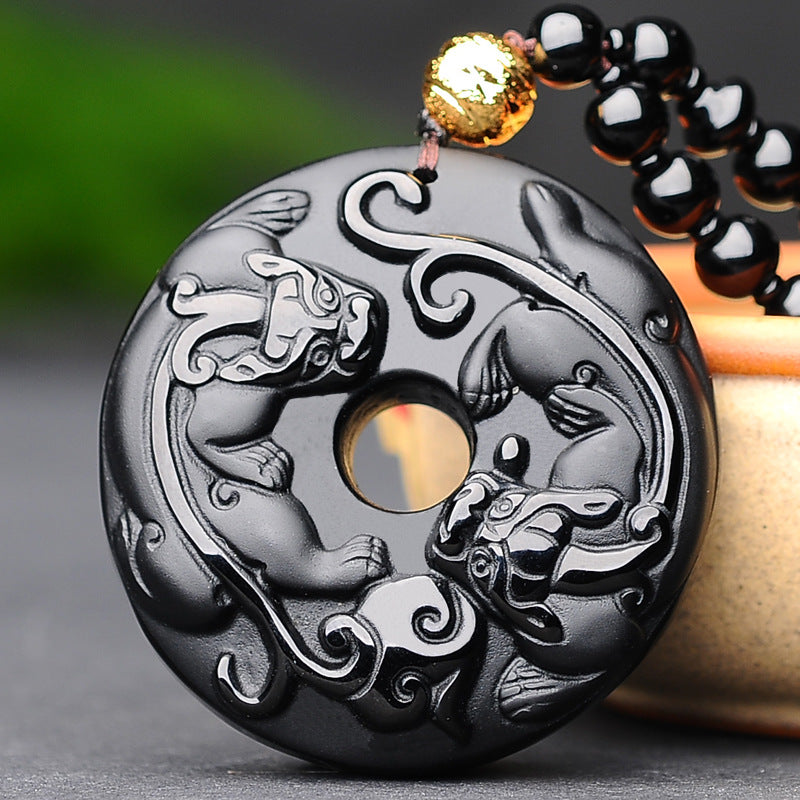 Obsidian Wholesale Natural Obsidian Double Pixiu Pendant Safe Buckle Men And Women Necklace Jewelry