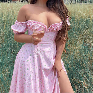 Summer Floral Print Dress Women Sexy Party Long Dresses Puff Short Sleeve dress