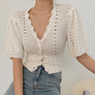 Chic Gentle Temperament V-neck Chic Single-breasted Waist Short Puff Sleeve Hollow Knit Top Women