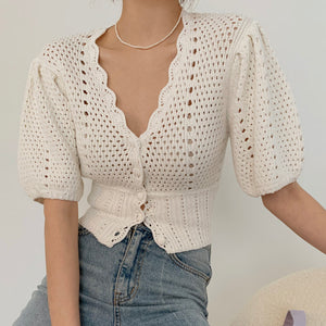 Chic Gentle Temperament V-neck Chic Single-breasted Waist Short Puff Sleeve Hollow Knit Top Women