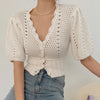 Chic Gentle Temperament V-neck Chic Single-breasted Waist Short Puff Sleeve Hollow Knit Top Women