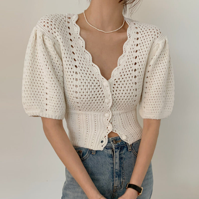 Chic Gentle Temperament V-neck Chic Single-breasted Waist Short Puff Sleeve Hollow Knit Top Women