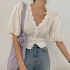 Chic Gentle Temperament V-neck Chic Single-breasted Waist Short Puff Sleeve Hollow Knit Top Women