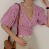 Chic Gentle Temperament V-neck Chic Single-breasted Waist Short Puff Sleeve Hollow Knit Top Women