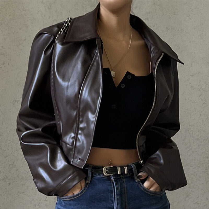 Elegant Retro Zipper PU Leather American Casual Jacket Coat