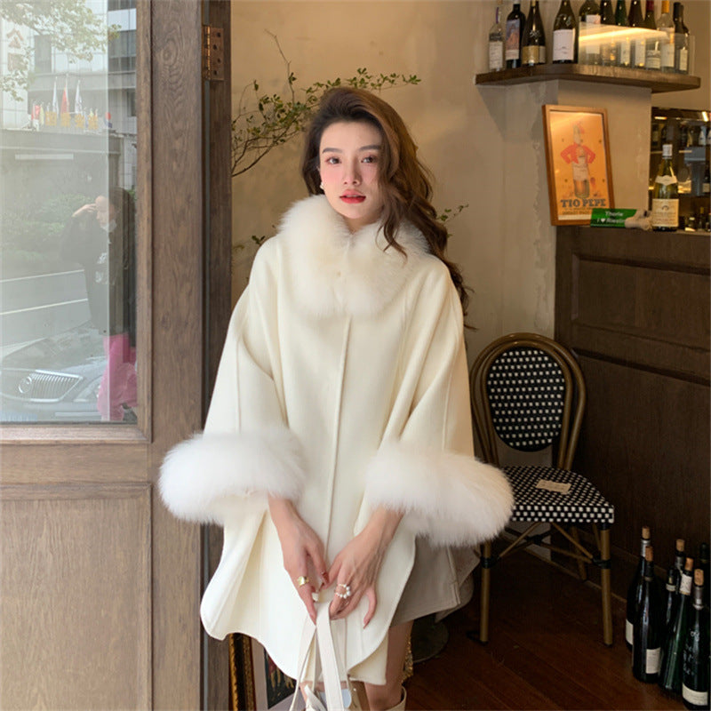 Women's Fashion Double-sided Cashmere Fur Collar Cape And Shawl Coat