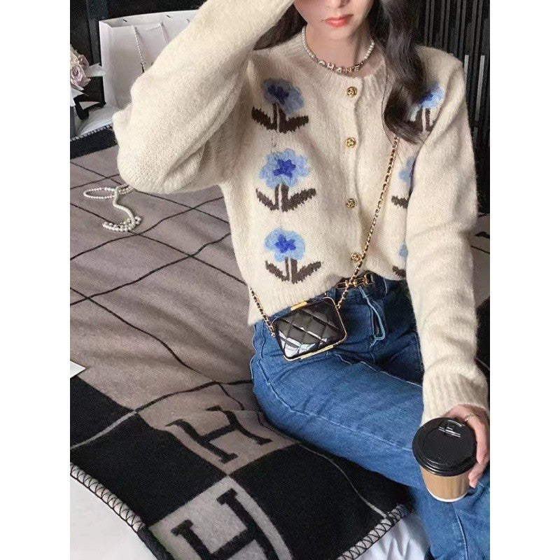 Retro Small Short Soft Glutinous Flower Sweater Women