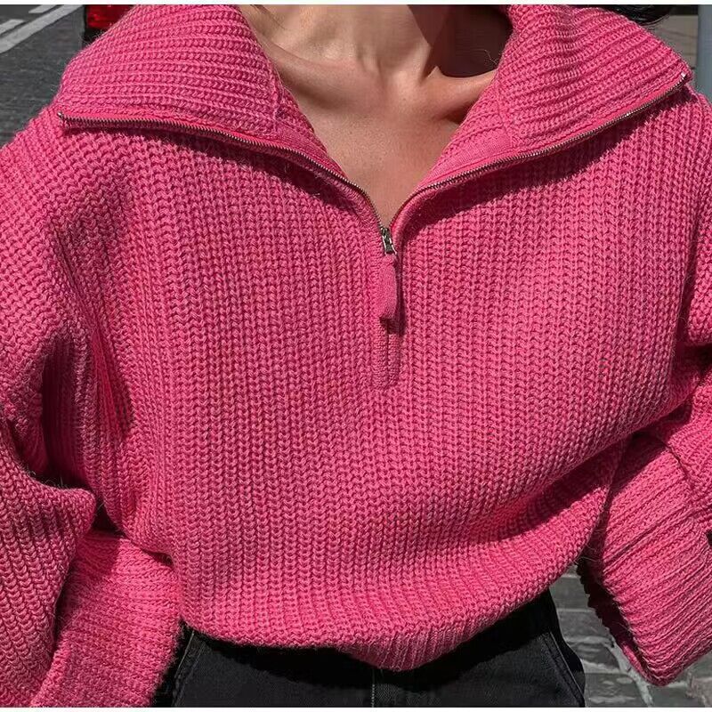 Pullover Solid Color Women's Zipper Loose Casual Knitted Sweater For Women hoodie