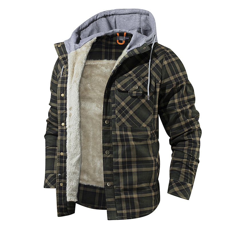 Men Warm Jacket Fleece Lining Lumberjack Plaid Hooded Jackets Snap Button