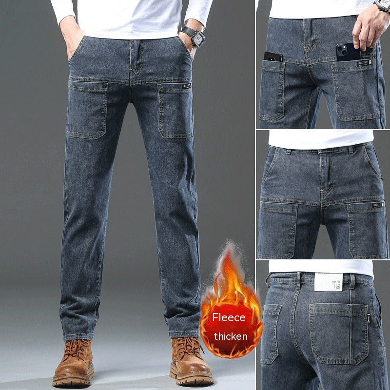 All-matching Casual Autumn And Winter Thick Fleece-lined Denim Pants Men