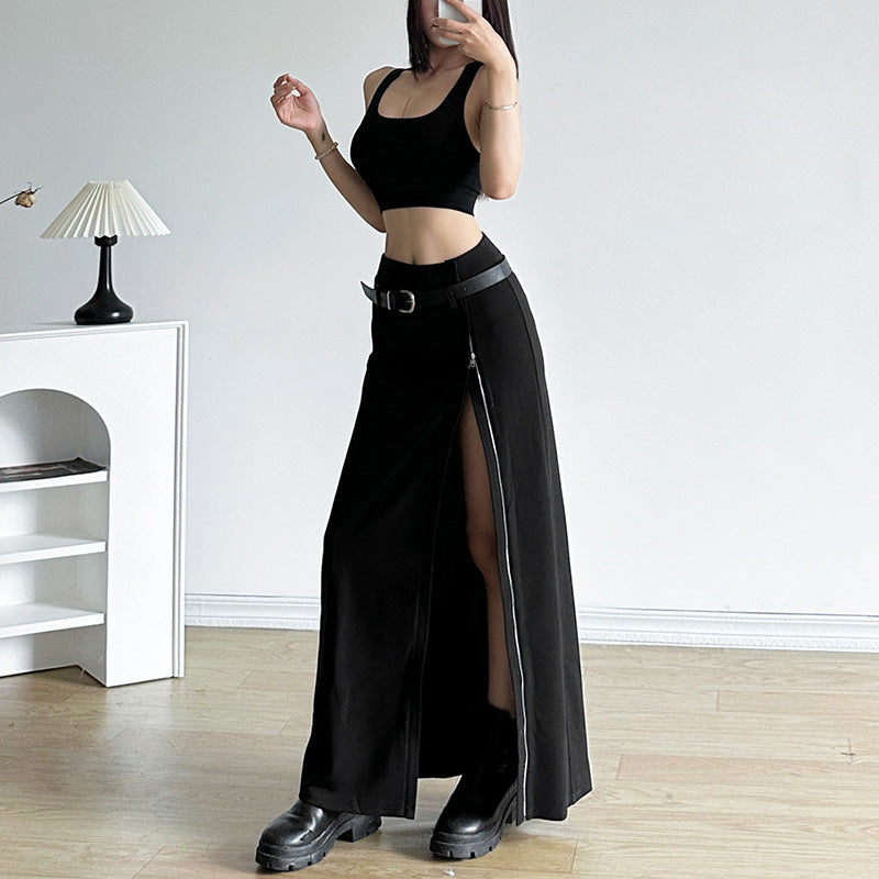 High Waist Belt Split Sheath Skirt