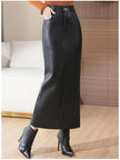 Fleece-lined Thickened Side Slit PU Leather Hip Skirt