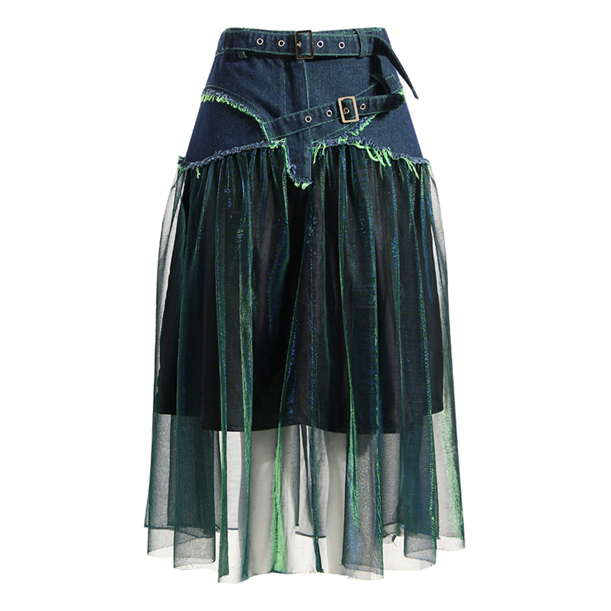 Denim Stitching Colorful Mesh Skirt Contrast Color High Waist Slimming Midi A- Line