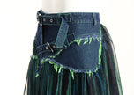 Denim Stitching Colorful Mesh Skirt Contrast Color High Waist Slimming Midi A- Line