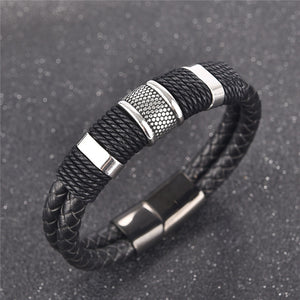 Black Braid Woven Leather Bracelet Titanium Stainless Steel Bracelet Men Bangle Men Jewelry Vintage Gift