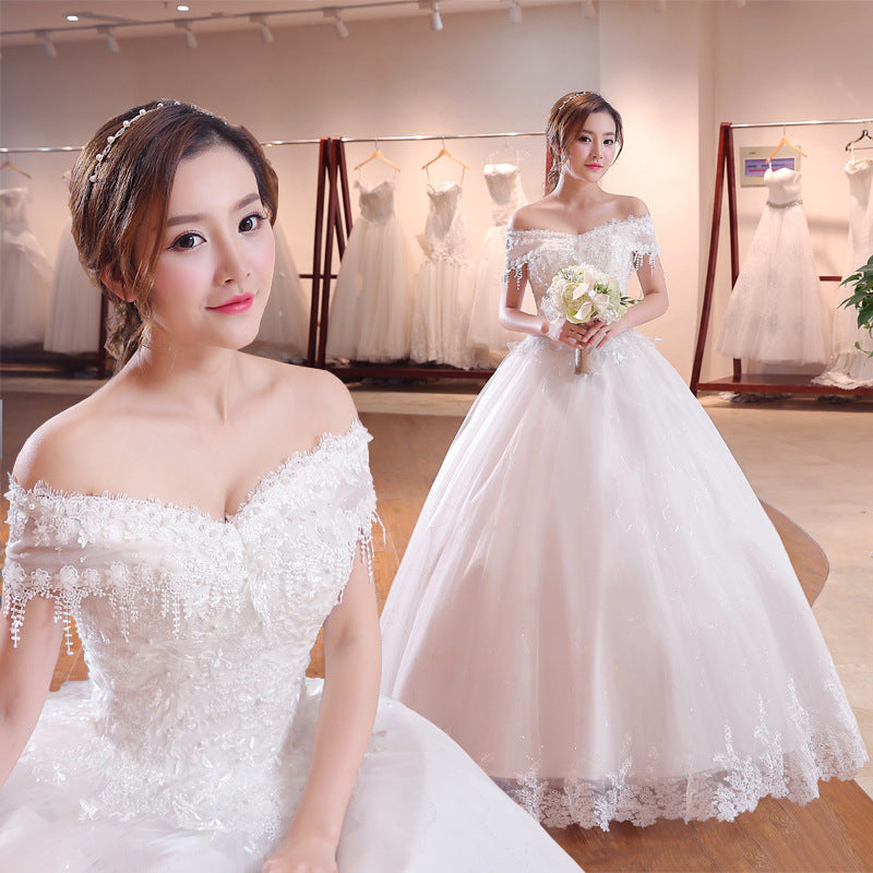 Shoulder-to-shoulder Wedding Dress Bridal Lace Plus Size Thin Shoulder Wedding Dress