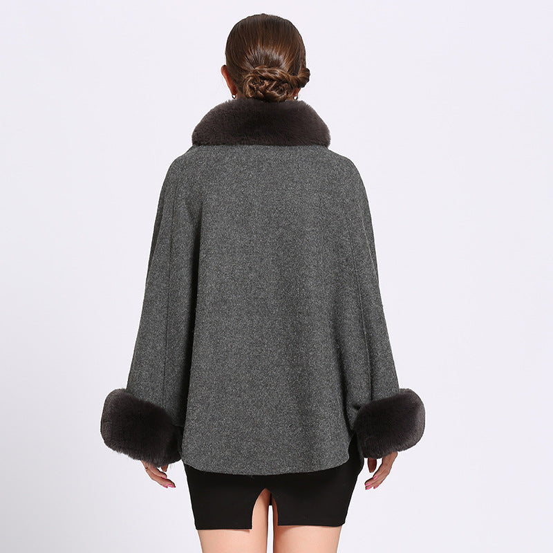 Rex rabbit fur collar double leather woolen coat women