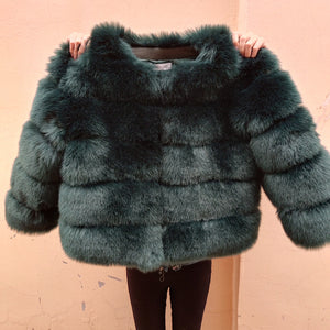 Slim short faux fox fur coat