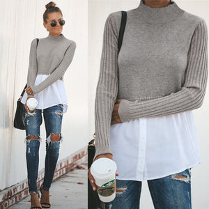 Sexy stitching long sleeve button top for women