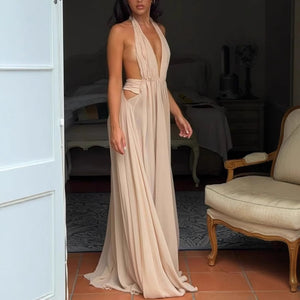 Summer Deep V-neck Long Evening Pleated Halter Backless Dress Women