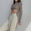 Minimalist Basic Pure Color All-matching Turtleneck Pleating T-shirt Sports Style Exposed Navel Strap Slim Long Sleeve Top