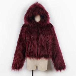 Ladies Hooded Washed Wool And Faux Fur Coat