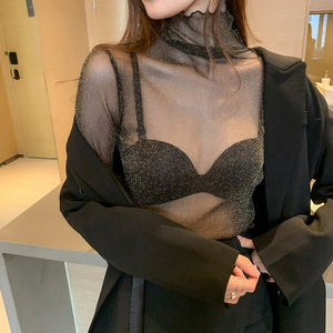 See-through Bright Silk Mesh Slim Fit Long-sleeved Bottoming Shirt For Women