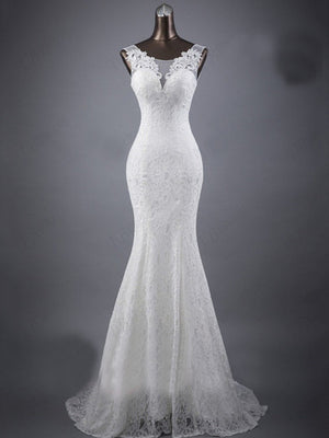 Lace slim and thin double shoulder tail wedding dress