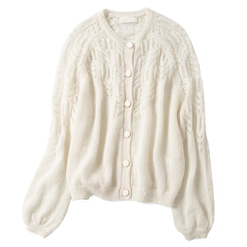 Hollow Crochet Round Neck Button White Sweater