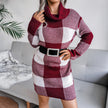 Casual Plaid Turtleneck Sweater Dress Knitting