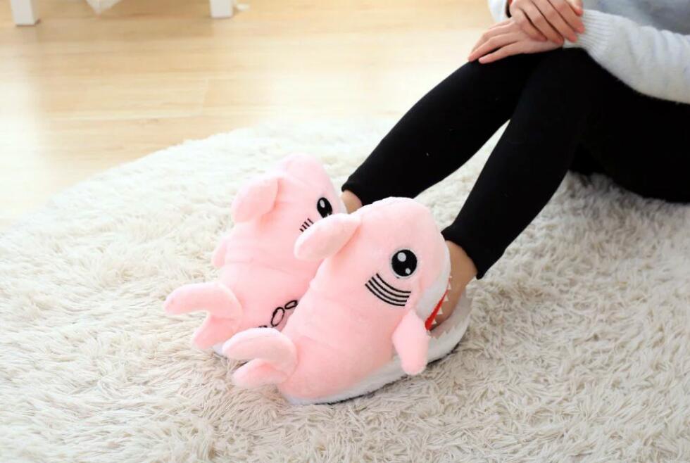 Plush toy shark - headed cotton slipper for women's skid and bottom plush shark slippers